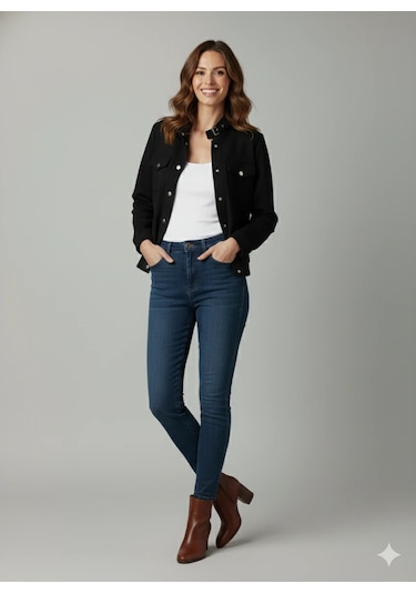 Kadın Taba Zarif Kısa Ceket Toka Detaylı Dik Yaka Cepli Süet/kaşe Baharlık Ceket Siyah