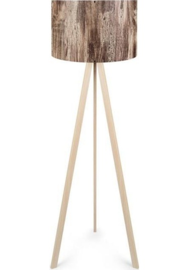 Pratik Ahşap Krem Tripod Ayaklı Pvc Ağaç Desenli Silindir Başlıklı Lambader Kahverengi