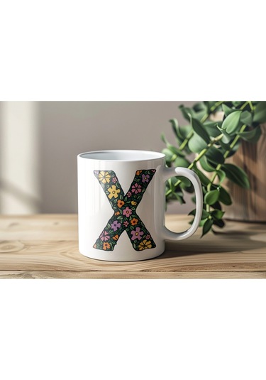 X Baş Harf Çiçek Desenleri İle Natural Tarz Kupa Bardak - Kişiye Özel Çiçekli Kahve Çay Bardak - Beyaz