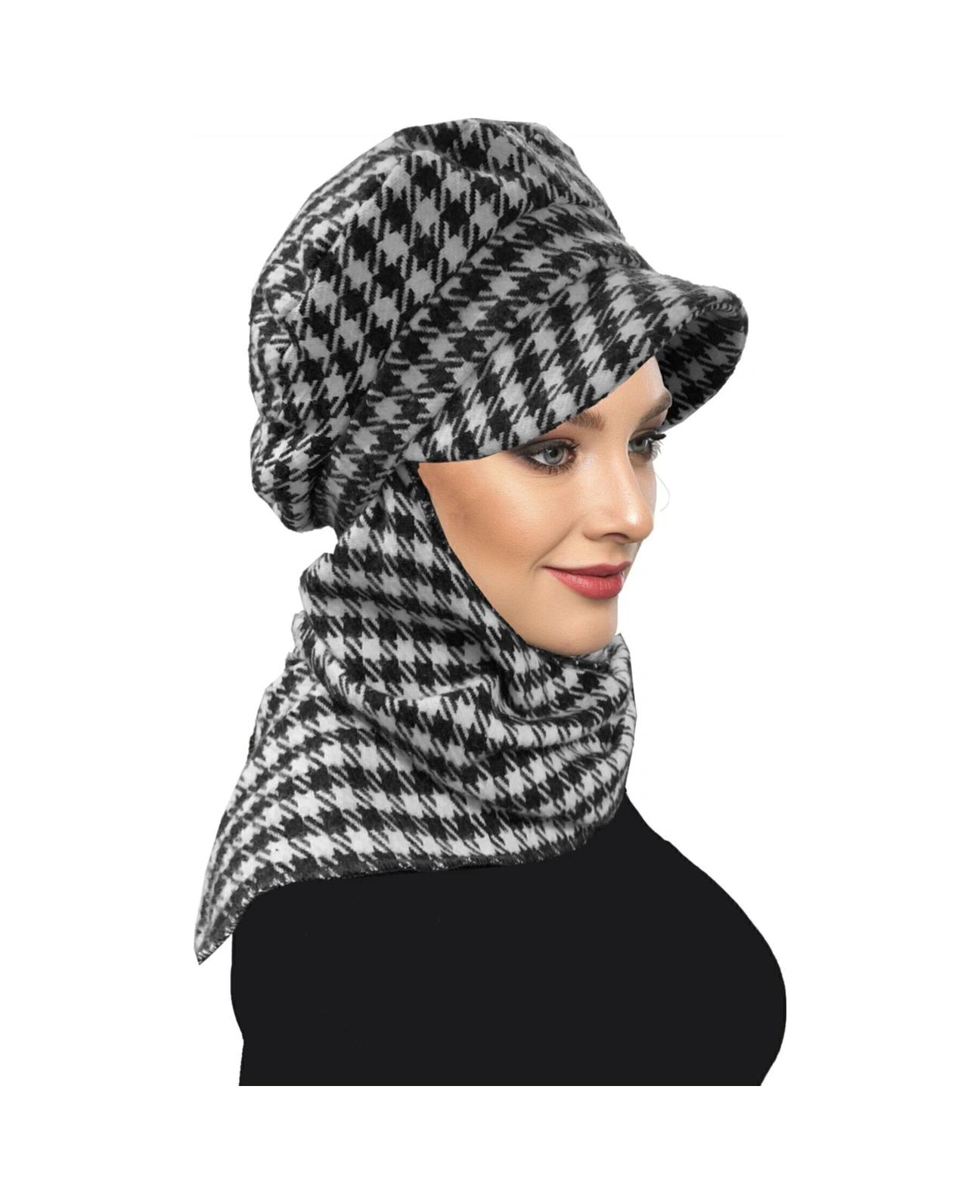 Yün Kasket Şapka Atkılı Kazayağı Desenli Hazır Türban Tesettür Bone Kazayağı Desenli