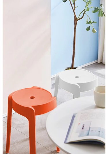 Kaymaz Ayaklı İçiçe Geçebilen Plastik Tabure 4adet Turuncu-beyaz