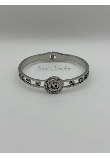 Arnes Jewelry Çelik Silver Zirkon Taşlı Kelepçe Bileklik Ar19 Silver