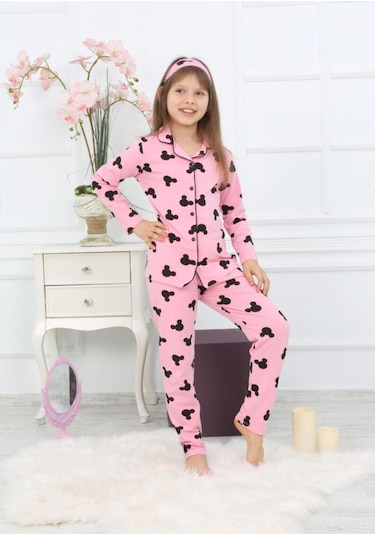 Kız Çocuk Pembe Renk Efsane Mickey Mouse Karakter Baskılı Desenli Pijama Alt Üst Takım Pembe