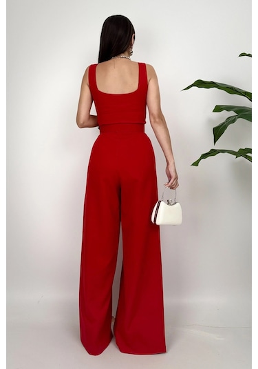 Noir Flow Kadın Kırmızı Kemerli Askılı Bol Paça Tulum Zarif Şıklık Kırmızı