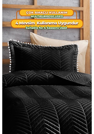 Evlen Home Ponponlu %100 Pamuk Tek Kişilik Günlük Yatak Örtüsü Pike Takımı Seti Siyah