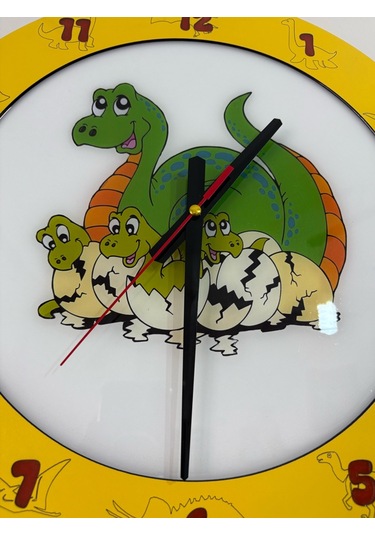 Çocuk Odası Duvar Saati - Epoksi Reçine Kaplamalı - Dinozor Ailesi - 40 Cm Ahşap