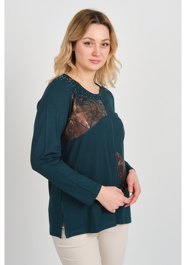 Detay Triko Kadın Boncuk İşlemeli Parlak Desenli Uzun Kol Anne Bluz 5744 Zümrüt Zümrüt