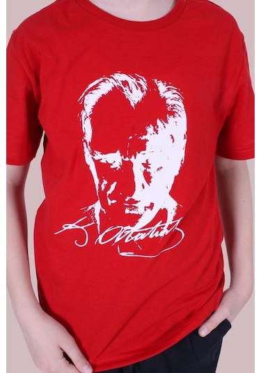 Imzalı Atatürk Baskılı Unisexs T-shırt Kırmızı - Beyaz