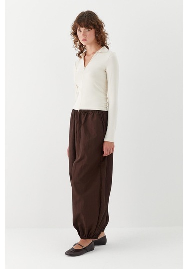 Polo Yaka Önden Gizli Fermuarlı Bluz Ekru Ekru