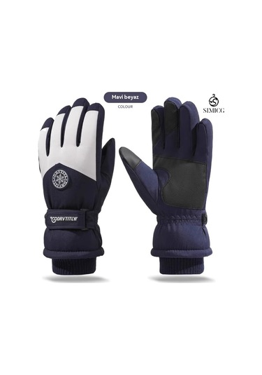 Kayak Sıcak Rüzgar Geçirmez Su Geçirmez Dokunmatik Ekran Eldiveni Mavi Beyaz
