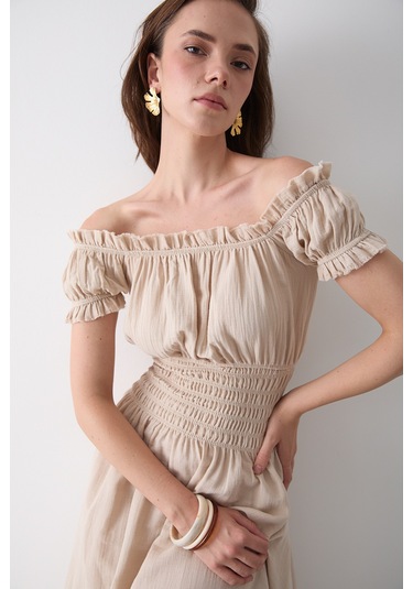 Natural Büzgülü Elbise - 2002 Bej