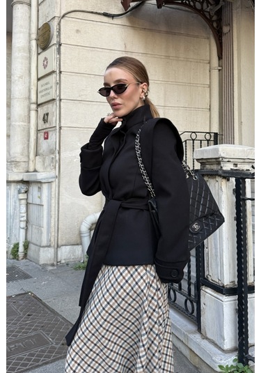 Bej Vatkalı Kuşaklı Kaşe Ceket - 1001 Siyah