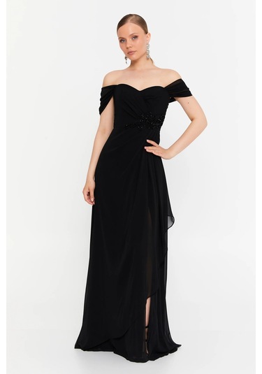 Doridorca Kadın Düşük Kollu Taş Detaylı Şifon Maxi Boy Abiye Elbise 7035 Siyah Siyah