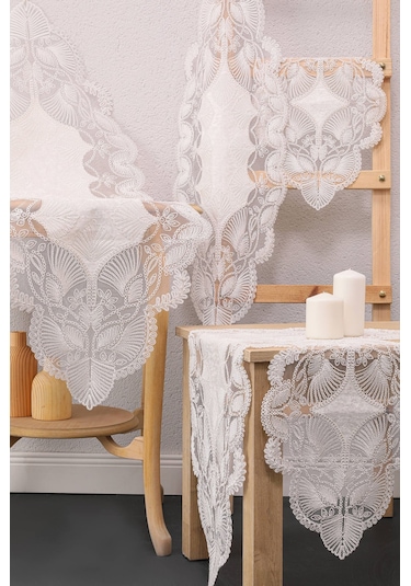 Avangart Kadife Fransız Güpürlü 5 Parça Salon Takımı - Ekru