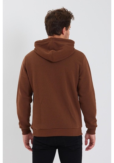 Erkek Baskılı Kapüşonlu 3 İplik Sweatshirt Kahverengi