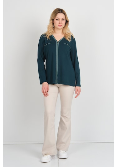 Detay Triko Kadın Süs Cepli Toka Detaylı Uzun Kol Anne Bluz 5717 Zümrüt Zümrüt
