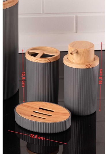 Bambu Desenli Modern 5'li Banyo Seti Çizgili Gri