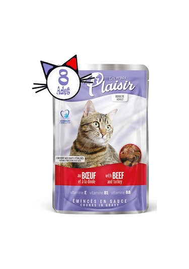Plaisir Sığır Etli ve Hindili Pounch Yetişkin Yaş Kedi Maması 8 x 100 G
