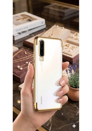 Huawei P30 Kılıf Dört Köşeli Lazer Silikon Kılıf Gold