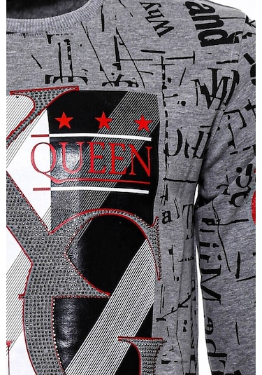 Wessi Gri Taşlı Baskılı Desenli Sweatshirt Gri