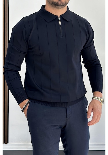 Erkek Yarım Fermuarlı Polo Yaka Mevsimlik Kazak Lacivert Edw195 Lacivert