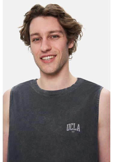 Elton Siyah Bisiklet Yaka Sıfır Kol Yıkamalı Baskılı Oversize Erkek Tshirt Siyah