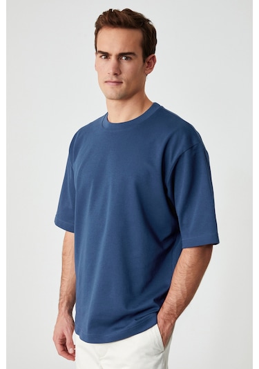 Solo Erkek %100 Organik Pamuklu Kalın Dokulu Comfort Fit Bisiklet Yakalı Navy T-Shirt