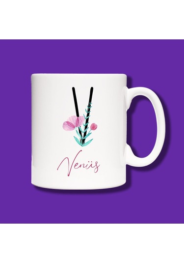 Kişiye Özel V Harfli Çiçek Tasarımlı İsme Özel Eko Kupa Bardak Beyaz