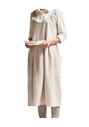 Bej Kadın Pamuk Keten Japon Ev Işi Pişirme Önlükleri Elbise Kolsuz Önlükler Restoran Çiçekçi Ev Pişirme Önlüğü