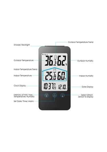 Yunboo Dokunmatik Tuşlu Dışarı/içeri Sıcaklık Nem Ölçer - 30m Kablosuz Sensörlü İklim İzleme İstasyonu Siyah Pil Yok
