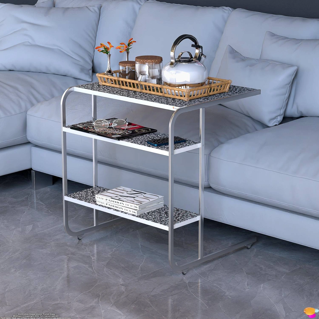 Modilayn C Yan Sehpa Geniş Boy Tekerlekli Çalışma, Atıştırmalık, Yemek, Laptop Sehpası Siyah Desenli Siyah