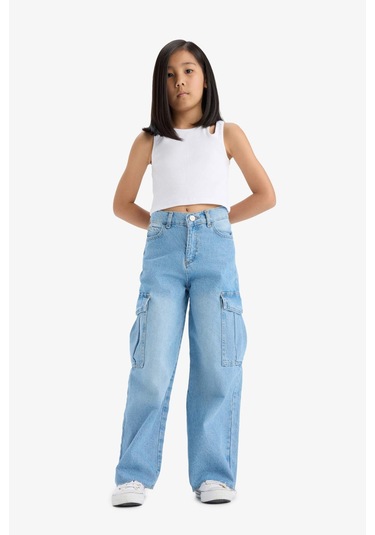 Defacto Kız Çocuk Wide Leg Kargo Geniş Paça Jean Pantolon E5878a825aunm39 Mavi