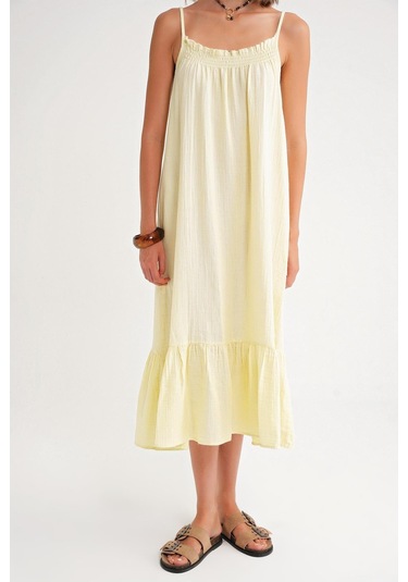 4740 Kadın Askılı Müslin Midi Elbise Sarı Sarı