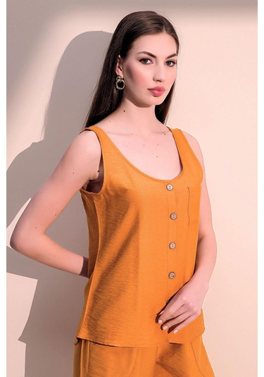 Kadın Hardal Kalın Askılı Keten Bluz, Yuvarlak Yaka Ve Düğmeli Kolsuz Gömlek Atlet HARDAL