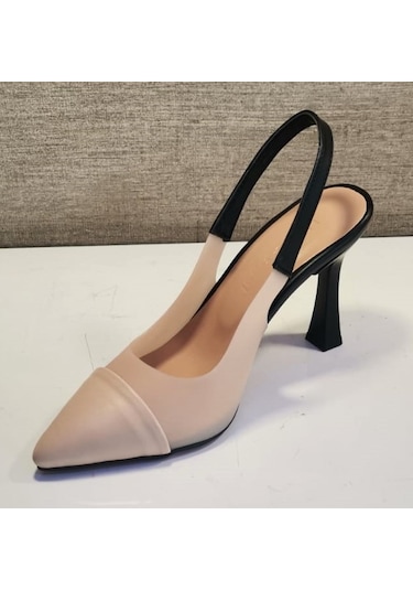 New Angel 897 Kadın Topuklu Şeffaf Detaylı Arkası Açık Ayakkabı Ten - Siyah