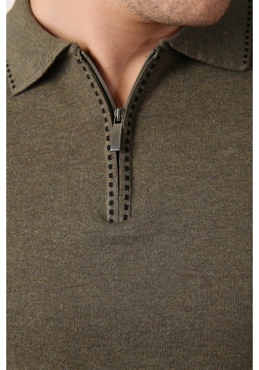Ferraro Haki Polo Yaka Fermuarlı Erkek Pamuk Kazak Haki (456045549) Haki