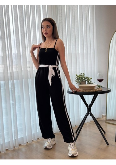 Munn Collection Kadın Ip Askılı Straplez Belden Kuşaklı Viskon Iki Iplik Tulum Siyah