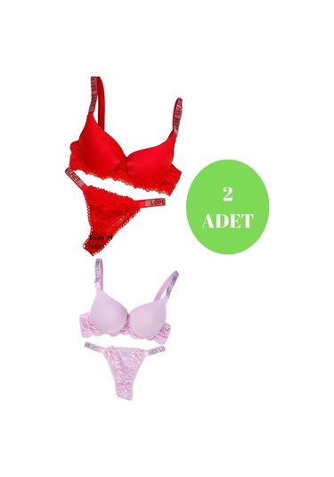 Murays Kadın 2 Li Taşlı Sütyen Takım Kırmızı - Pembe