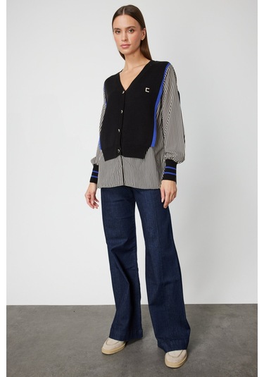 On Kadın Mix Kumaş Gömlekli Bluz 66374 Siyah Siyah