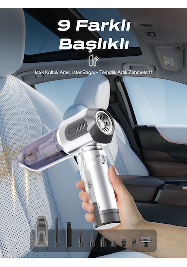 7go Ahv-14 2'si 1 Arada Kablosuz Araç İçi Süpürge Gümüş 18000pa Güçlü Vakum + Üfleme Cam Kırıcı Gümüş