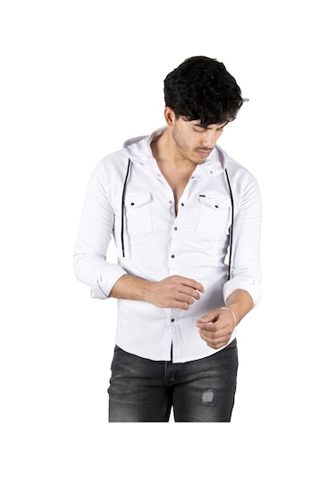 Deepsea Erkek Beyaz Kapüşonlu Cepli Slim Fit Gömlek Beyaz Deepsea Erkek Beyaz Kapüşonlu Cepli Slim Fit Gömlek Beyaz
