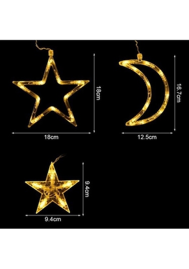 Dekoratif 8 Fonksiyonlu Ay Yıldızlı Perde Led 12 Sarkıt Ip Led Ekstra Yıldızlı Gün Işığı