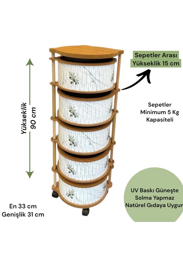 5 Katlı Ahşap Sebzelik Tekerlekli Naturel Gıdaya Uygun Kaliteli Mdf Modern Beyaz - Kahverengi