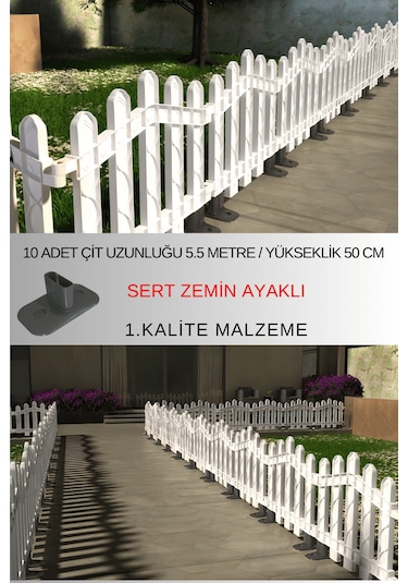 Dekoratif Plastik Alan Oluşturma Ve Bahçe Çiti 10 Adet Çit Y: 50 Cm / G: 5.5 M Sert Zemin Ayaklı - Beyaz