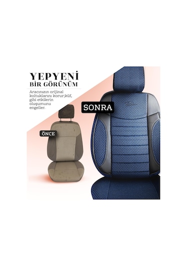 Panda Elegant Serisi Dokuma Kumaş Oto Koltuk Kılıfı - Mavi - Siyah