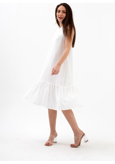 Kristal Keten Kolsuz Kadın Salaş Elbise - Ekru-ekru