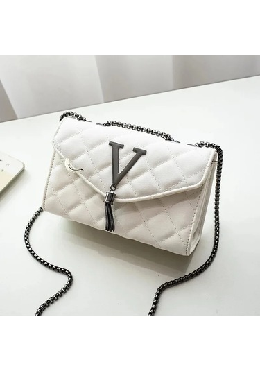 Trendy Büyük Kapasiteli Manyetik Toka Saçak Zincir Çanta Elmas Izgara Omuz Whıte Beyaz