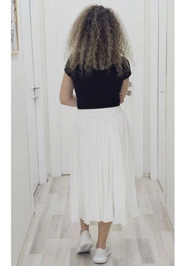 Beli Lastikli Pliseli Etek 6018-beyaz Beyaz