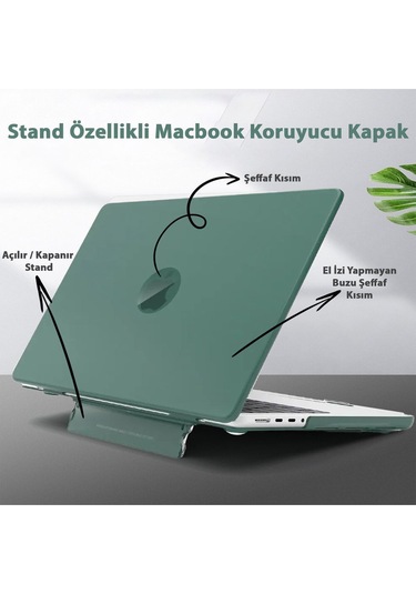 Macbook Uyumlu Air 13.6" M2-m3 Çip 2022/2024 A2681 A3113 Uyumlu Standlı Kılıf Klavye Kılıfı Ekran Koruyucu Yeşil