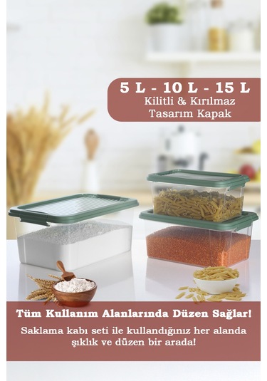 3'lü Organizer Box 5-10-15l Saklama Kabı - Çok Amaçlı Düzenleyici Kilit Kapak Derin Saklama Kutusu Yeşil